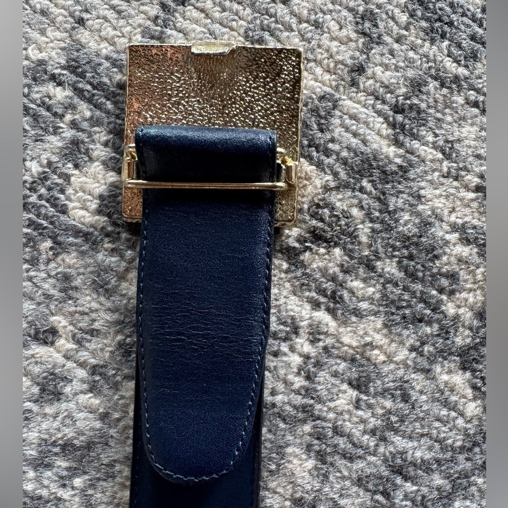Navy Leather Adjustable Belt with Gold Basketweave Hardware Small festival - Picture 6 of 8
